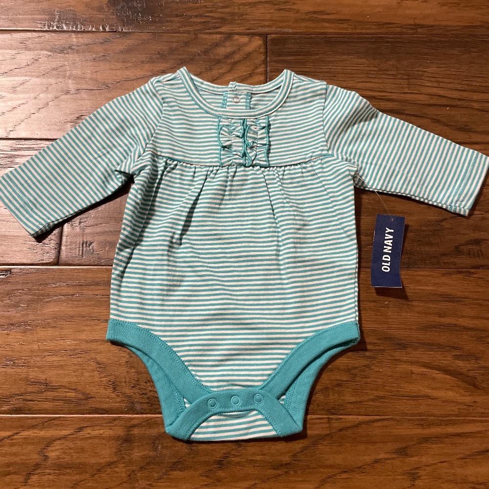 New Old Navy ruffle onesie bodysuit teal striped size 0-3 months